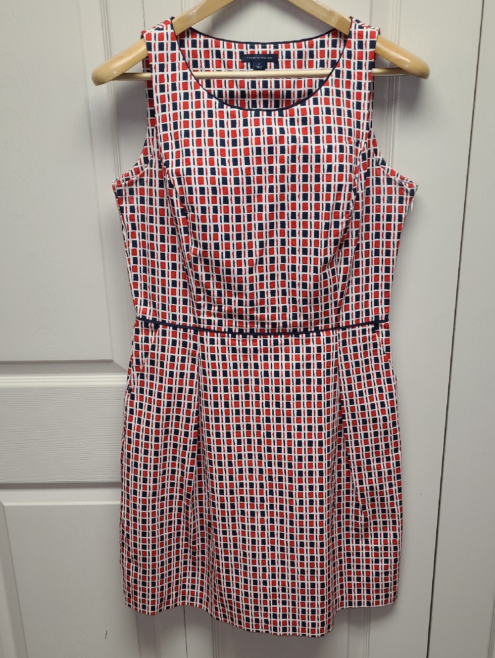 Tommy Hilfiger Red, Navy & White Geometric Sleeveless Tank Shift Midi Dress